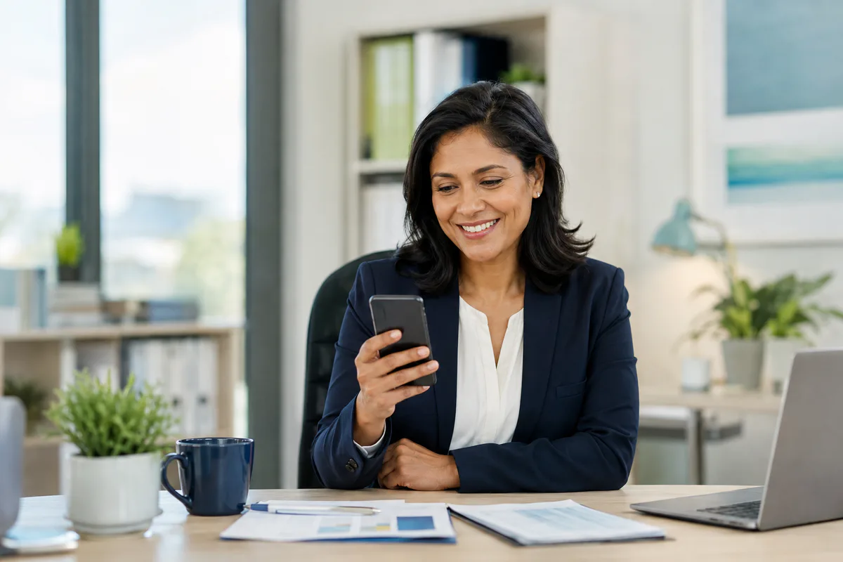 Happy insurance professional looking at her phone while working at her desk